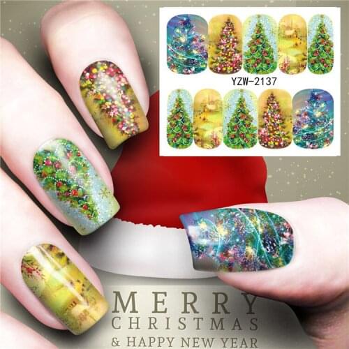 5pcs Christmas Trees Hristmas Tree Nail Sticker Water Decals Nail Glitter Flower Cat Butterfly Transfer Nail Art Decoration