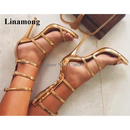 Brand Design Women Fashion Open Toe Thin Straps Stiletto Heel Gladiator Sandals Back Zipper-up Gold High Heel Sandals Dress Shoe
