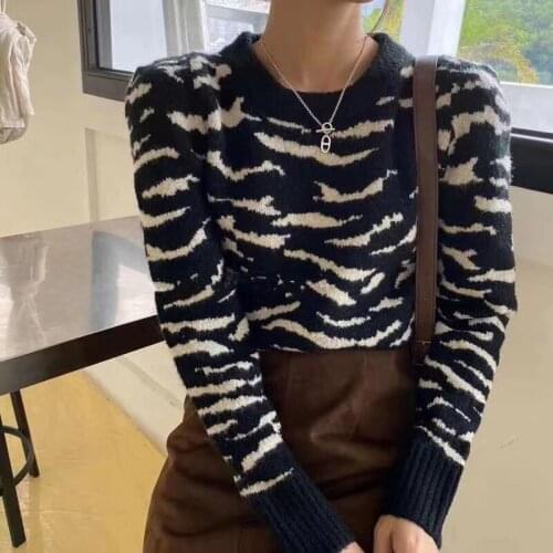 Zebra Pattern Crew Neck Sweater Wool Needle Top Fall/Winter Loose Womens Outer Look Thin Knit