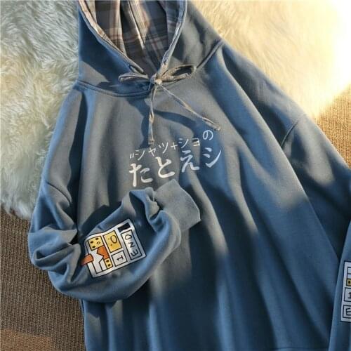 2021 Blue Plaid Patchwork Hoodie Hip Hop Streetwear Japan Kanji Printed Sweatshirt Women Kawaii Teens Clothes Harajuku Fashion