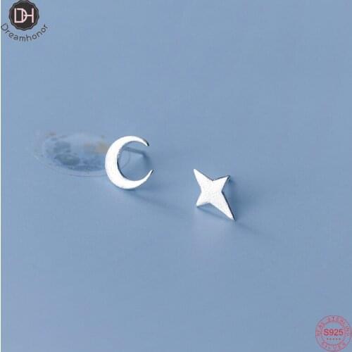 Dreamhonor Asymmetry Solid 925 Sterling Silver Star & Moon Stud Earrings For Girls Gifts Jewelry Wholesale