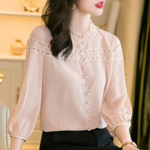 Women Spring Autumn Style Chiffon Blouses Shirts Lady Casual Three Quarter Sleeve Stand Collar Blusas Tops DF3764