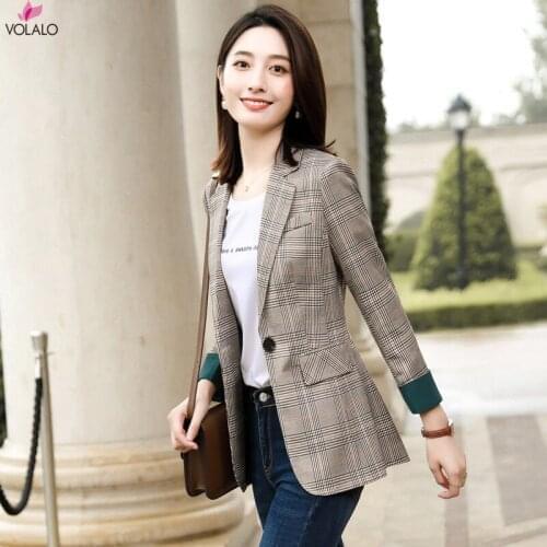 Office Ladies Notched Collar Plaid Women Blazer Double Breasted Autumn Jacket 2021 Casual Pockets Female Suits Coat