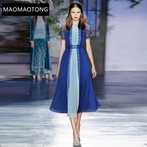 Womens Clothing Fashion Runway Summer Splicing Chiffon Midi Dress Women Lace Short sleeve High waist A-Line Party Dress