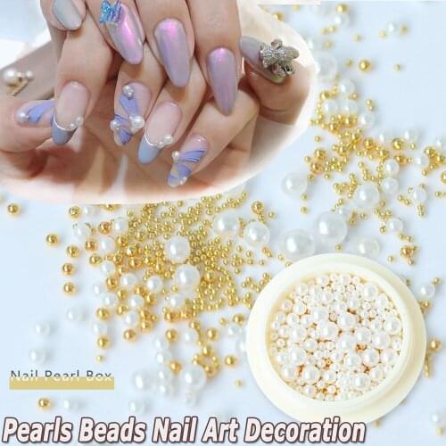 1Box Tiny Charm Mixed ABS 3D Imitation Pearls Round Metal Beads Micro Nail Art DIY Decoration Makeup Tools