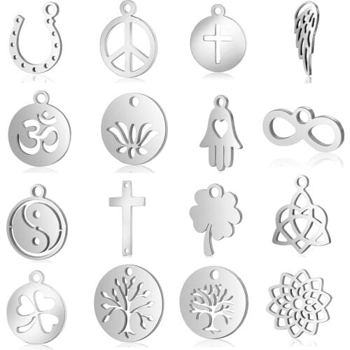 10pcs/lot Religious OM DIY Charms Wholesale 100% Stainless Steel Flower Yin Yang Pendant Cross Knot Tree of Life Connector Charm
