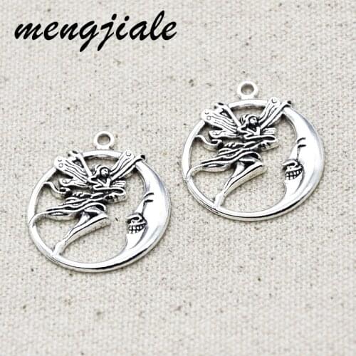 10pcs Antique Silver Fairy Angel Moon Star Charms Handmade Pendant For Earrings Jewelry Making 31*26mm