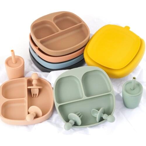 100%Food Safe Approve Silicone Folding Tableware Personalized Dinner Set plates Food Tray Non-Slip Feeding Mini Spork Straw Cup