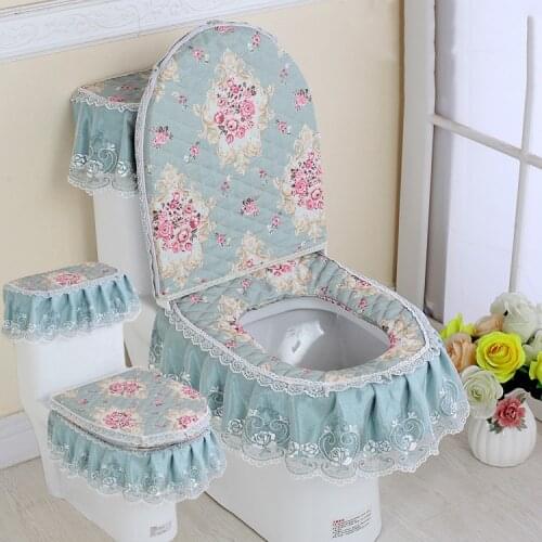 3PCS/SET Lace Fabric Bathroom Toilet Seat Cover With Zipper Thick Seat Cushion Ferrule Washable Comfortable Closes tool Protecto