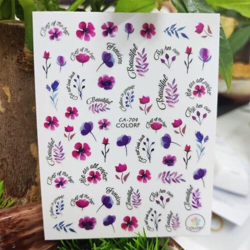 3D Stickers for Nails Beautiful Purple Flowers Grass Design Nails Art Decoration Manicure Sticker Sliders Nail Foil Accessories