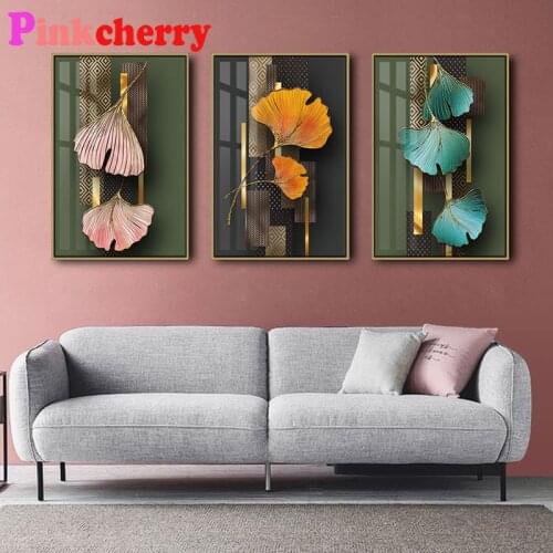 Abstract Multicolor Ginkgo Leaves 3 pcs set Diamond Painting full Square Round Drill 5d diy mosaic diamond Embroidery Triptych