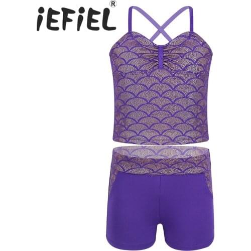 Girls Ballet Tutu Dance Wear Kids Mermaid Scales Pattern Crop Top Shorts Set Ballerina Stage Contemporary Lyrical Dance Costumes