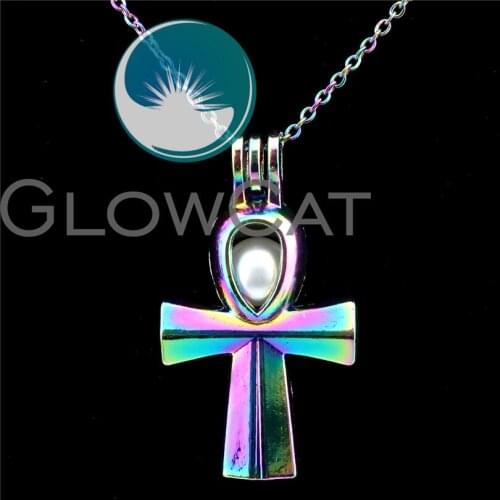C677 Colorful Anka Cross Life Symbol Stone Beads Cage Perfume Essential Oil Diffuser Pearl Cage Locket Necklace Girl Kids Gift
