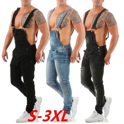 European and American men 's suspenders, denim pants, torn jeans, trousers, popular work clothes