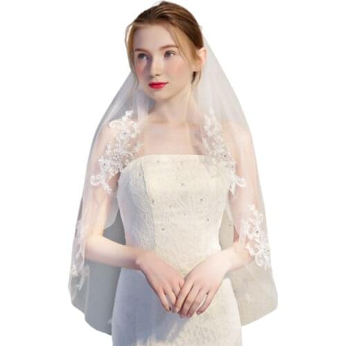 1.5M One-Layer Women Mesh Fingertip Short Wedding Veil Embroidery Floral Lace Patchwork Glitter Rhinestone Bridal Veil With W0YA