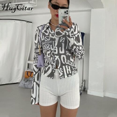 Hugcitar 2021 Letter Print Long Sleeves Polo Neck Sexy Bodycon Single Breasted T Shirt Summer Women Fashion Club Clothes Y2K