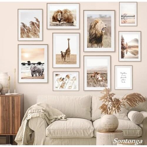 Reed Lion Elephant African Animals Beige Nordic Posters and Prints Wall Art Canvas Painting Wall Pictures for Living Room Decor