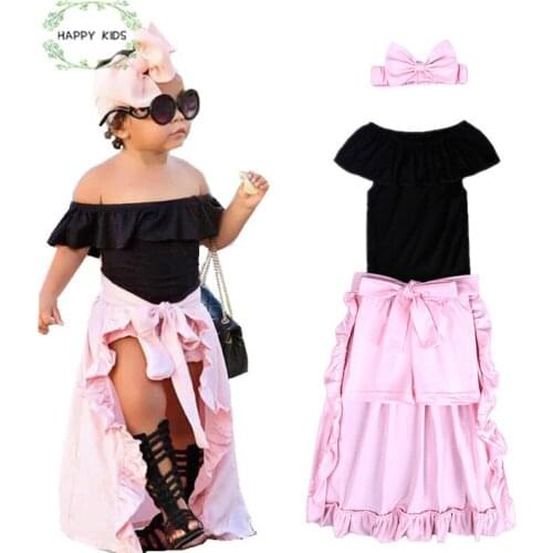 4PCS Set Girls Clothes Summer 2020 Kids set off Shoulder cotton Tops+pink shorts+Skirt Outfits Children Girl Clothing Set Dtz398