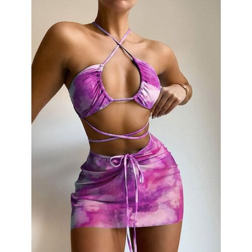 3 Piece/Set Swimsuit Sexy Bathing Suits Tie Dye Print Beachwear Women Swimwear Summer Bikini Set 2021 Beach Wrap Bandage Biquini