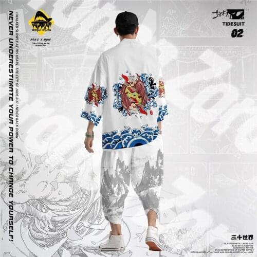 Summer Crap Wave Printed Japanese Style Samurai White Kimono Pants Suit Streetwear Men Women Cardigan Japan Harajuku Clothes