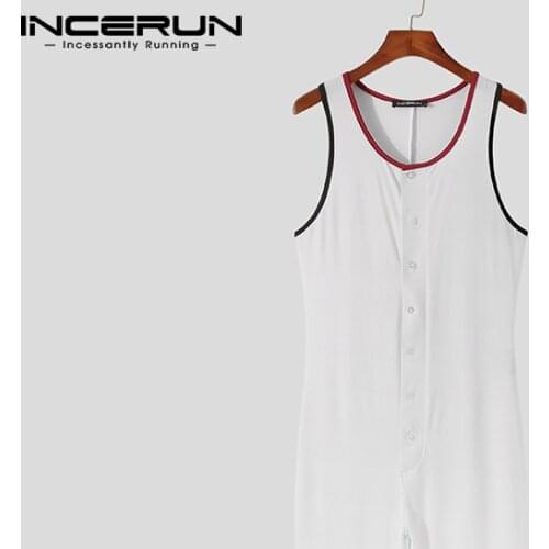 Summer Men Pajamas Jumpsuits Patchwork Sleeveless Button Homewear 2021 Fitness Rompers Cozy O Neck Leisure Men Nightwear INCERUN