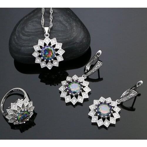 925 Silver Bridal Jewelry Sets For Women Mystac Rainbow Cubic Zirconia White Crystal Earrings Ring Necklace Pendant Set