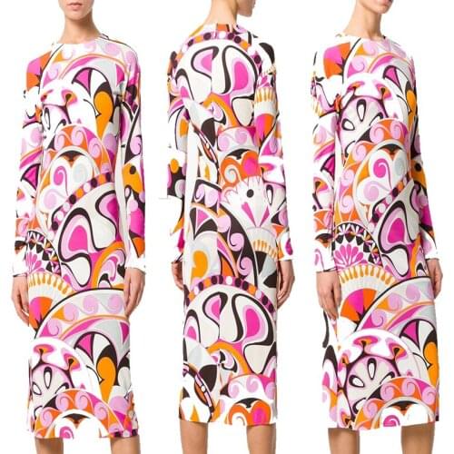 New European and American dress pink round collar long sleeve slik jersey elastic knitted slim print dress