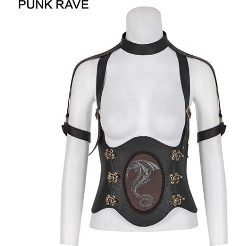 PUNK RAVE Steampunk Western Dragon Printing Coffee Women Cummerbunds Eyelet Drawstring Coarse-grain PU Leather Girdle Waistcoats