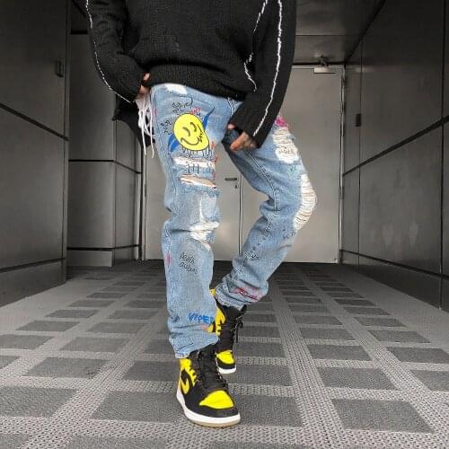 Printed Hole Jeans Mens Slim Hip Hop Street Dance Skinny Jeans lovers Men Pencil Pants Long Trousers Mens Clothing