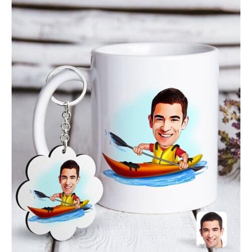 Personalized Men 'S Paddlers Caricature Of White mug And Keychain Gift Seti-1