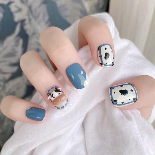 24pcs 3d Little Cow Nail Patch Blue Glue Type Removable Short Paragraph Fashion Manicure Save Time False Nail Patch Nail Art