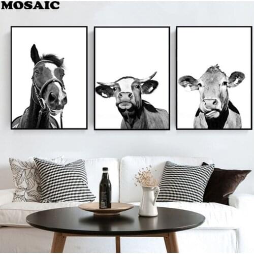 Full Square Diamond Embroidery Black and White cow/horse 5D DIY Diamond Painting Cross Stitch,Mosaic Pattern triptych