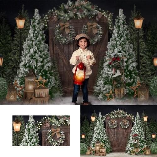 Christmas Retro Wood Door Photography Backdrops Snow Christmas Tree Decor Children Party Photocall Background Photo Studio