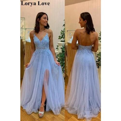 Light Blue Prom Dresses 2020 Women Party Night Long Vestidos De Gala Lace Appliques Split Evening Dress A-Line Robe De Soiree