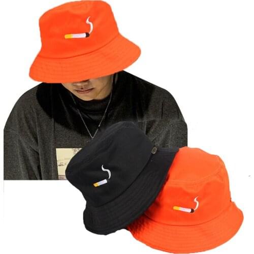 Unisex Cigarette Embroidery Bucket Hat Men Casual Fisherman Hat Women Outdoor Cotton Foldable Sun Hat Student Couple Trucker Cap