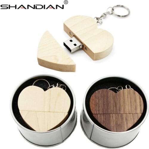 SHANDIAN(10pcs free logo)wooden Heart + metal gift box USB Flash Drive 2.0 64GB 32GB 16GB 4GB U Disk photography wedding gifts