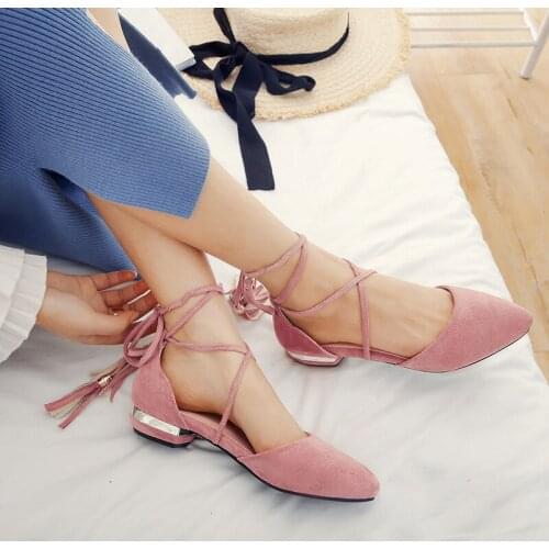 YMECHIC 2019 Summer Fashion Ankle Cross Tied Chunky Pink Black Heels Flock Pointed Toe Sweet Low Heel Womens Pumps Plus Size 43