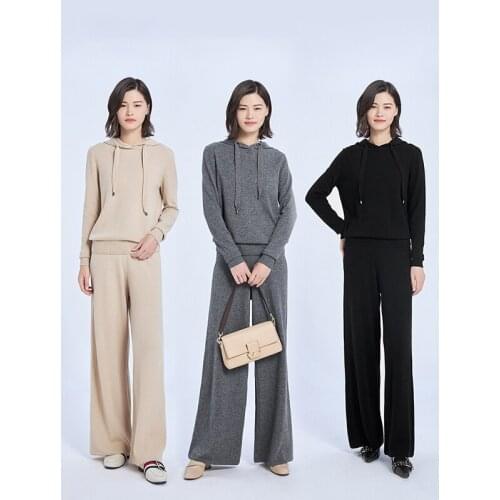 Autumn Winter Womens Knitted Suit Solid Hooded Knit Top High Waist Wide Leg Pants Two-Piece Sets Female Outfit Ladies Pantsuit