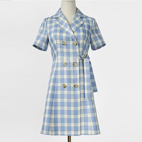 Short Sleeve Blue Plaid Notched Dresses Women Classy Vestidos 2021 Summer Mujer Elegant A-Line Charm Vintage Midi Knee Length
