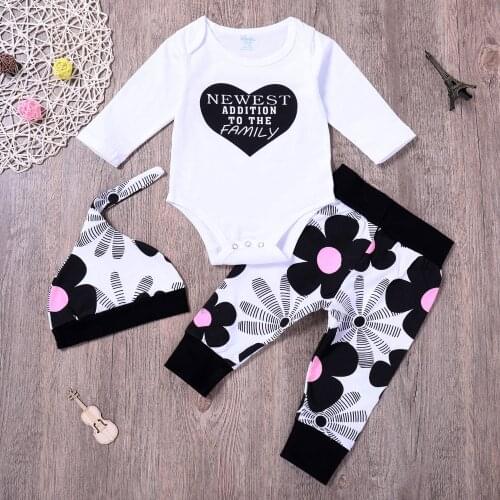 2020 Infant Baby Girls 3PCS Sets Toddler Girls Long Sleeve Outfits Love Heart Bobysuit+Floral Pants+Hat Baby Girl Clothes