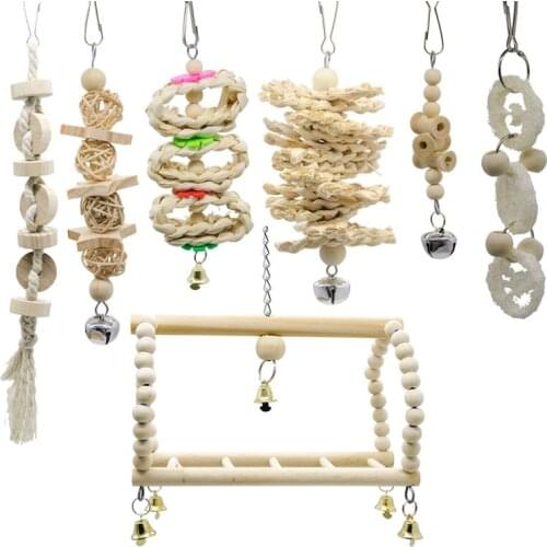 7 Packs Bird Parrot Swing Chewing Toys- Natural Wood Hanging Bell Bird Cage Toys Suitable For Small Parakeets Cockatiels Conures