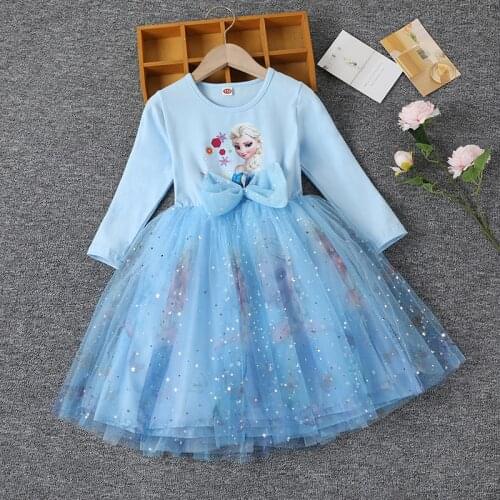 Disney Autumn Kids Dresses for Girls Frozen Elsa Anna Princess Costume Vestidos Bow Tie Mesh Spring Little Children Outfits