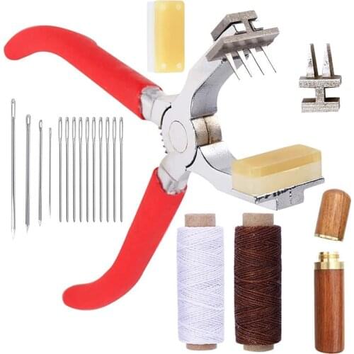 Imzay 21PCS Stitching Hole Punch ,4mm Silent Leather Hand Pliers With Leather Needle,Wooden Needle Case,Waxed Thread