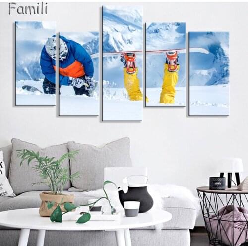 HD Prints Canvas Wall Art Pictures 5 Pieces Home Decor The Man Stand Upside Down On Snow Mountain Paintings Skiing Posters Frame