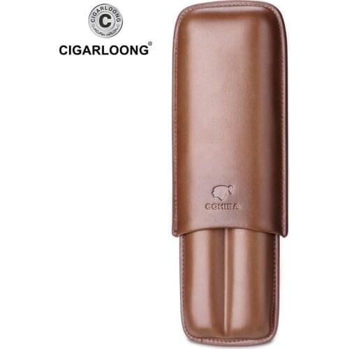 New COHIBA Gadgets Brown Leather Cigar Case Holder Case Humidor 2 Tube Count Portable Travel Humidor with Gift Box CLH-0111