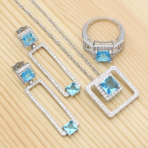 Bridal Jewelry Sets For Women Sky Blue Cubic Zirconia Square Earrings Pendant Ring Necklace 925 Silver Jewellery Set