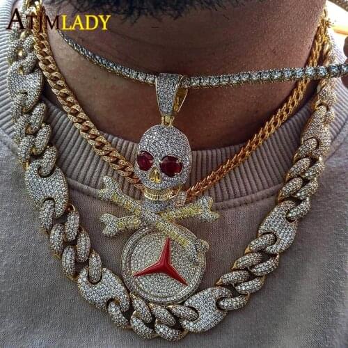 Live Alone Die Alone Full Clear Cubic Zircon Pirate Skull Pendant Necklace For Men Women Hip Hop Iced Out Bling CZ Punk Jewelry