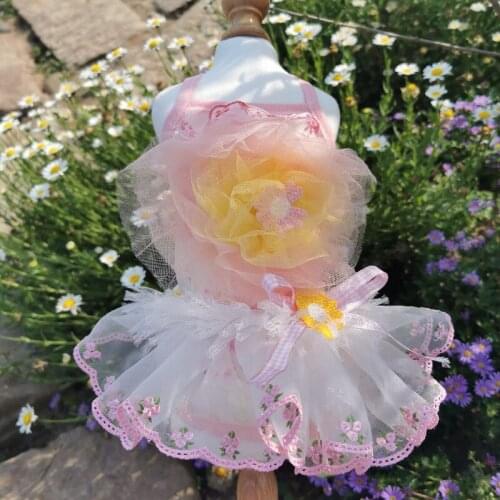 Pet Dog Summer Sling Lace Dresses Pink Yellow Flower Decor Princess Tutu Dress For Small Medium Puppy Dog Clothes Outfits Poodle
