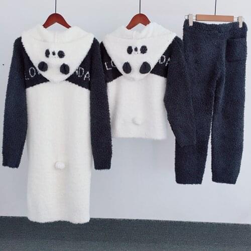 Cute Cartoon Panda White Family Matching Clothes Casual Hooded Furry Men Pajamas Sets Kids Outwear Two Piece Women Dressing Gown