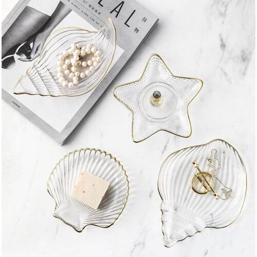 Small Glass Plates and Bowls Set with Glod Rim Nordic Ocean Dessert Fruit Plate Jewelry Storage Tray Decorative Trinket Dish